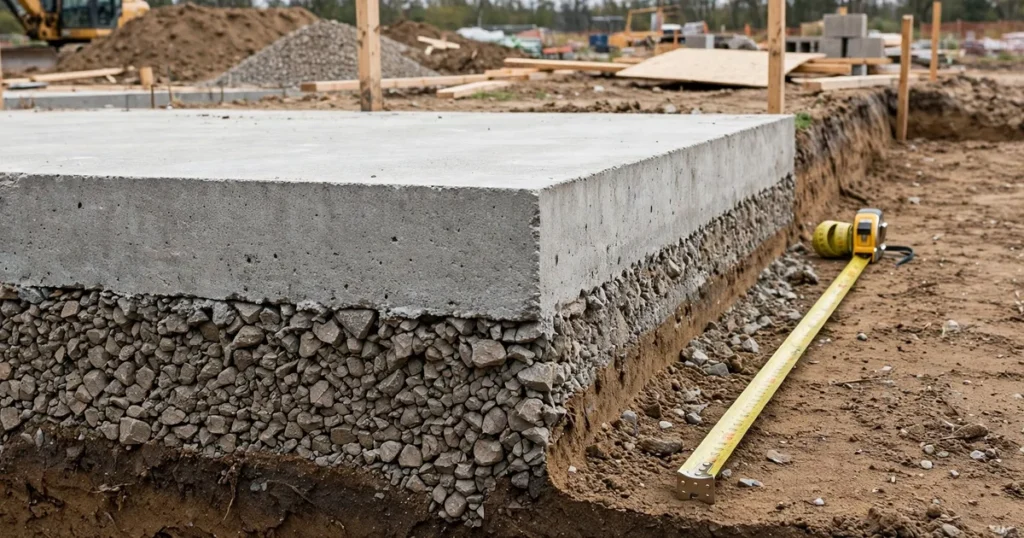 Concrete slab thickness guide comparing 4 inch patio slab and 6 inch driveway slab cross sections