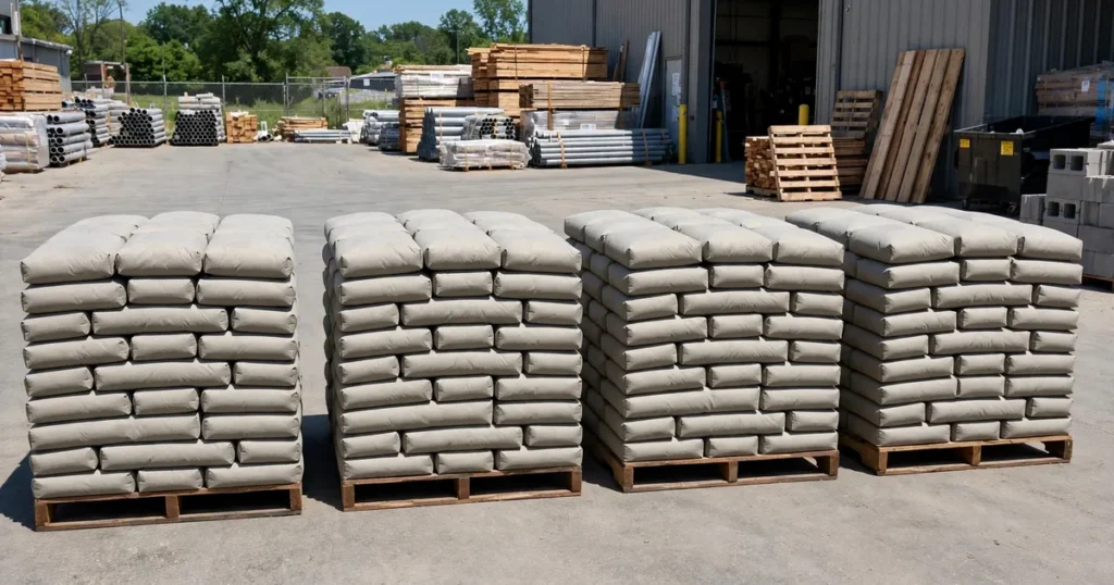 Stacked bags of concrete mix showing how many bags per cubic yard